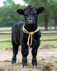 Fototapeta premium Black calf, standing, facing viewer, with light beige rope around neck