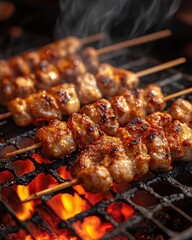 Chicken skewers grilling over hot coals