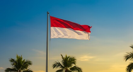 Indonesian Flag Waving Against a Blue Sky