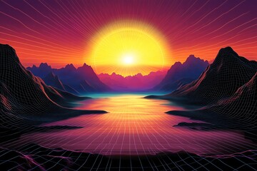 Retro Synthwave Landscape with Sunset and Mountains Grid, Futuristic Design and Vaporwave Style