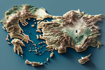 State border of Greece shown in a realistic 3D topographic model featuring rugged islands, peninsulas, and elevation contours; in the Aegean region; ideal for maps, tourism, or infographic use.