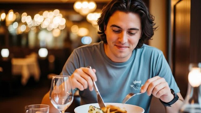 Young man enjoying a meal in a fancy restaurant, cutting food with a fork and knife, smiling in a warm, inviting atmosphere