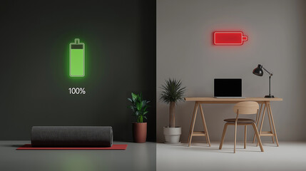 A split-scene interior contrasts a serene yoga space lit by a glowing green “100 %” full-battery icon with a work desk under a red empty-battery icon - Generative AI
