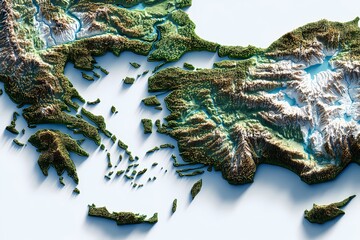 State border of Greece displayed in a high-detail 3D terrain map with coastal mountains, deep valleys, and islands; located in Southern Europe; perfect for travel, education, or digital cartography.