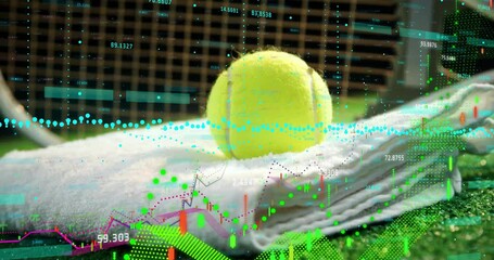Tennis ball on towel on court starting data overlay growing through candlestick bars and labels - Powered by Adobe