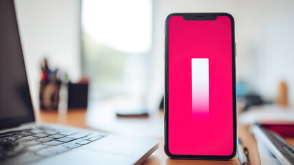 Close-up of smartphone screen showing software update progress bar, modern desk and laptop in background, technology and digital innovation concept.
