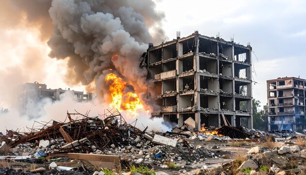 Destroyed residential building hit by missile, collapsed concrete and rebar, fire and smoke rising, streets covered in rubble, silent aftermath