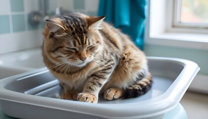 A cat in pain sits on a table in a veterinarian's office