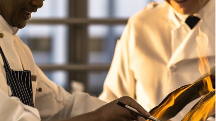 Two chefs in action, one focusing intently on food flaming in a pan