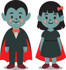 Cute Vampire Boy and Girl Halloween Costume Illustration. Flat Style Kids Dressed as Vampires for Halloween. Cartoon Vampire Siblings Halloween Vector Art.
