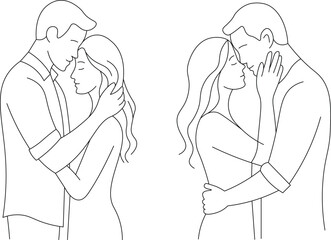 woman and her husband. Minimalist one-line romantic couple kissing pose elegant love outline vector set.