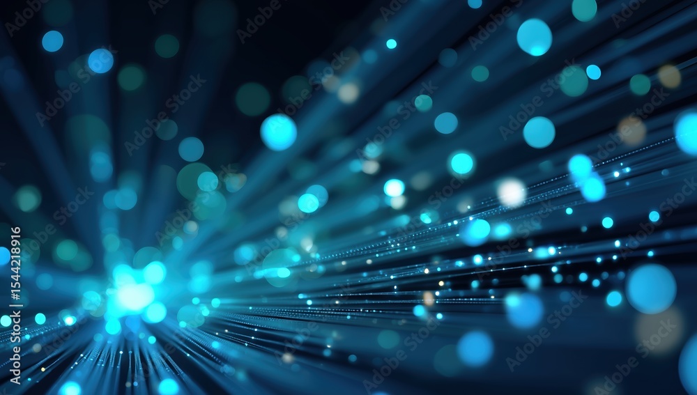 Poster Abstract fiber optic communication technology background with glowing blue light rays and bokeh effects, digital data transmission concept in 3D rendering illustration style