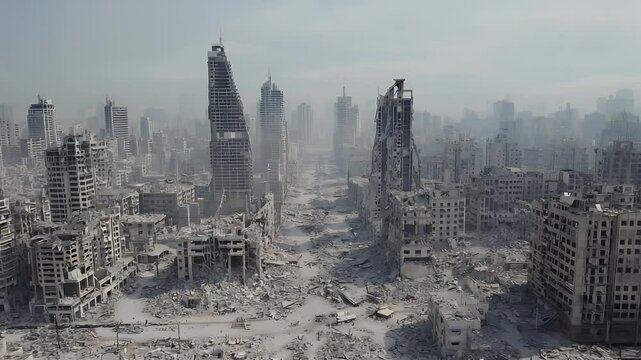 An aerial view of a deserted city with ruins after destruction