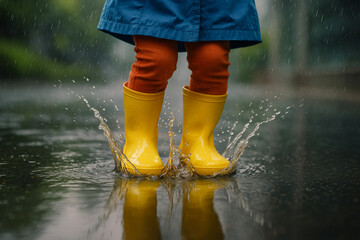 Child splashing in puddle on rainy day