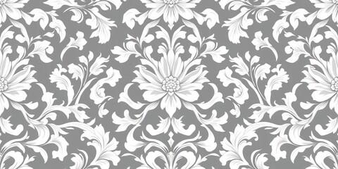 Fototapeta premium Elegant white & grey baroque floral wallpaper seamless vector pattern, art, royal