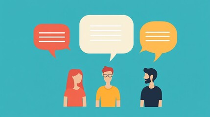 Diverse group having a discussion, using speech bubbles for communication