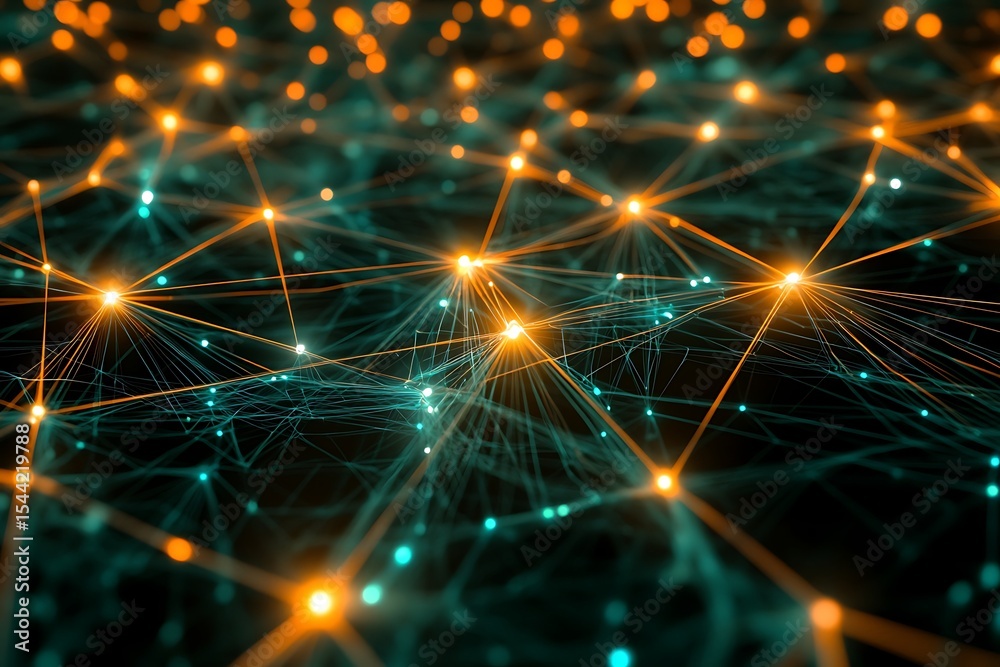 Poster data network connection with glowing nodes and lines for futuristic technology concepts