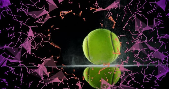 Particles rising green tennis ball dropping on line bursting dust with reflection as shapes fading