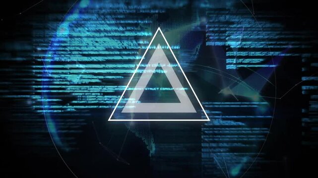 Interface opening causing ring rising, code streaming globe fading, triangle forming and merging