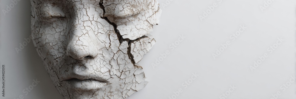 Poster Cracked Porcelain Face With Lightning Crack Against a Simple Empty Background Showcasing Intricate Details and Textures