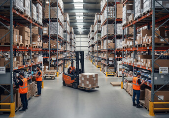 Workers managing inventory and packages in a large warehouse