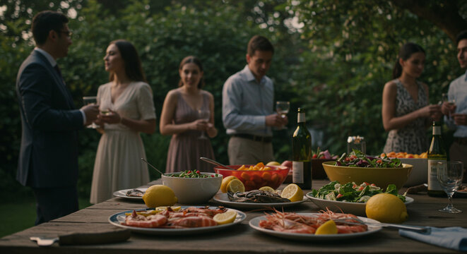 Scene of a backyard with people standing and chatting near a table