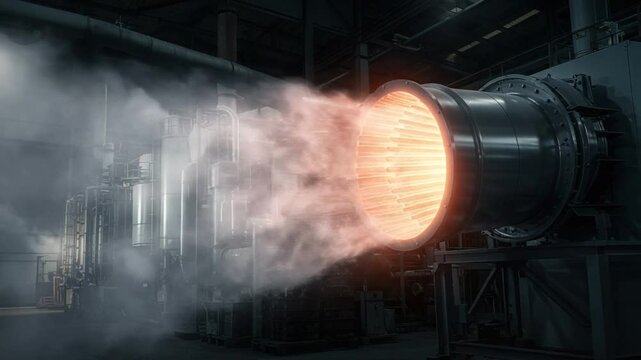 Jet engine test firing with steam in industrial setting
