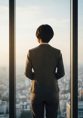 businesswoman back cityscape view concept. Business professional gazing out at a city skyline from a high-rise window.