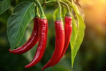 Red chili peppers hanging from vine