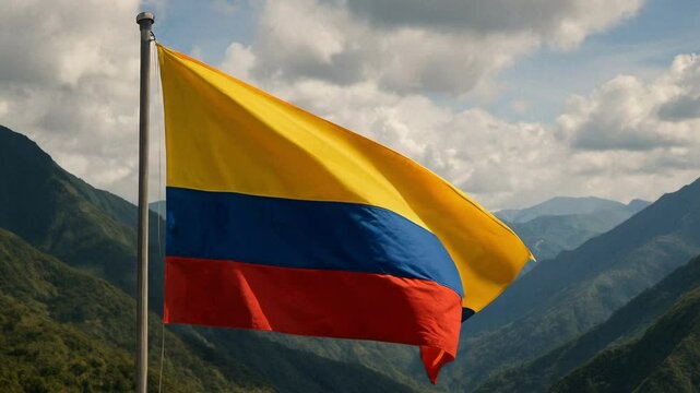 Colombian flag waving at sunrise over the Andes mountains