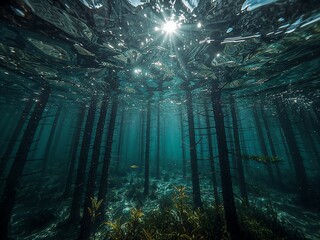 Fototapeta premium Pine Forest Submerged under Clear Water with Sunbeams
