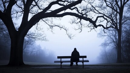 Solitude in the Mist - A solitary individual pondering on a park bench amidst the foggy dusk.