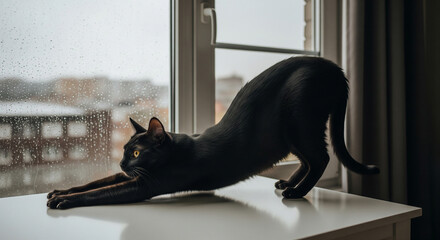 Cozy indoor moment: A domestic cat doing a full body stretch while watching the rain fall outside