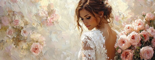 Romantic Oil Painting of a Bride with Roses