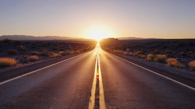 A long road stretching towards the sunrise, symbolizing journey and potential. The sun shines brightly, casting a warm glow along the way