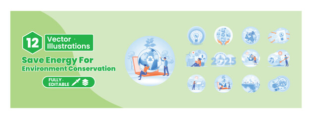 Energy saving concept for environmental conservation. Mega set.