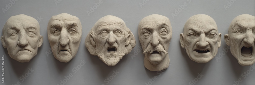 Poster Blended Dual Expressions Displayed on 3D Clay Faces Showcasing Diverse Emotions and Intricate Details