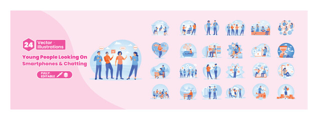 Concept of young people using smartphones and chatting. Mega set.