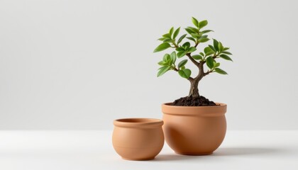 Fototapeta premium single eco friendly plant pot made from terracotta clay pot, containing a small bonsai, isolated on white background, minimalist product shot, soft studio lighting, realistic 3d render, 8k resolution