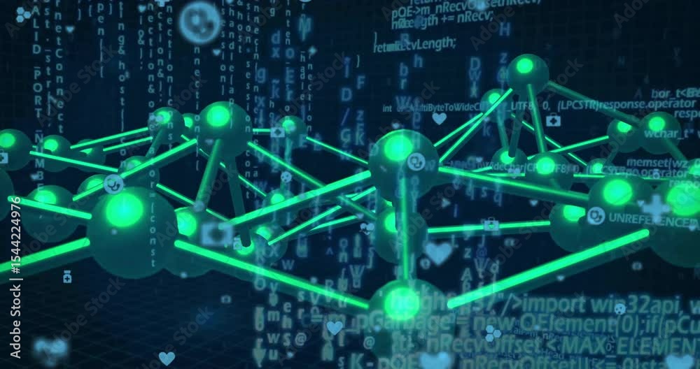 Poster at start network of green spheres emerging while camera circling icons floating showing data flow