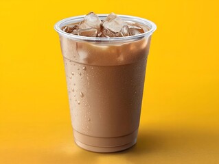 Iced Coffee in Plastic Cup with Ice Cubes on Bright Yellow Background – Refreshing Summer Caffeine Boost
