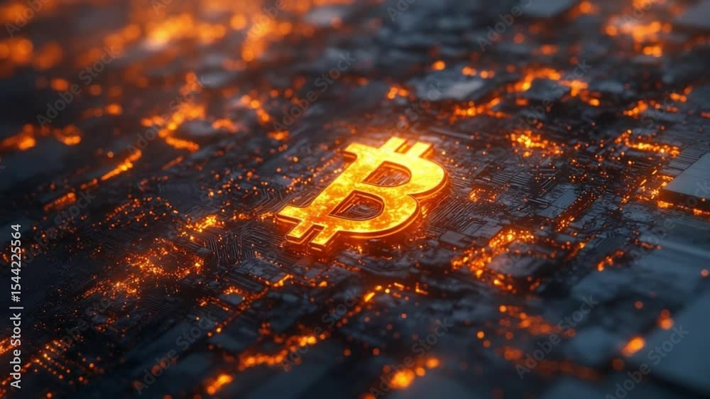 Poster Bitcoin's Digital Glow: The image shows Bitcoin's logo glowing in the digital universe of a network. The image captures the essence of cryptocurrency.