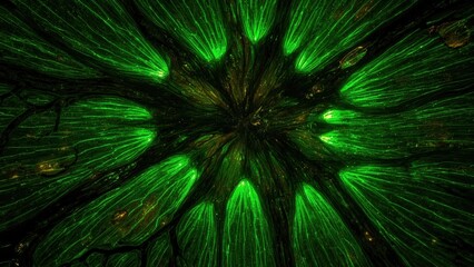 Cross-Section Illustration of Plant Stem Vascular Bundles in Luminous Sap Green and Amber, Featuring Microscopic Xylem Vessels with Water Droplet Detail

