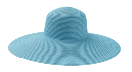 Stylish wide brim sun hat for women summer beach vacation fashion accessory light blue color headwear on transparent background