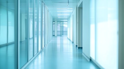 Abstract blur luxury hospital corridor. Blur clinic interior background with defocused effect. Healthcare and medical concept