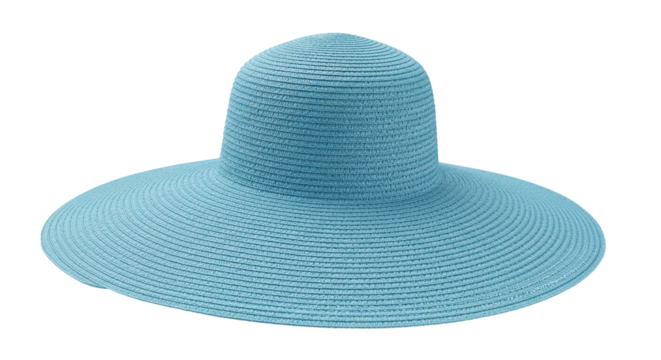 Stylish wide brim sun hat for women summer beach vacation fashion accessory light blue color headwear on transparent background - Powered by Adobe