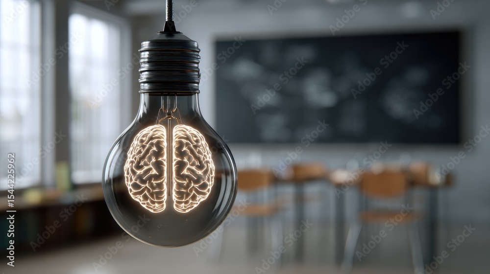 Aufkleber Conceptual bulb with two brains inside hanging in a classroom, blackboard and chairs in soft focus
