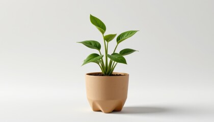Fototapeta premium single eco friendly plant pot made from biodegradable paper pot, containing a money plant, isolated on white background, minimalist product shot, soft studio lighting, realistic 3d render