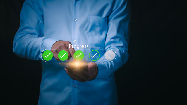 The concept of tracking progress and monitoring work, planning and process of working towards goals, businessman showing process to work towards common goals.