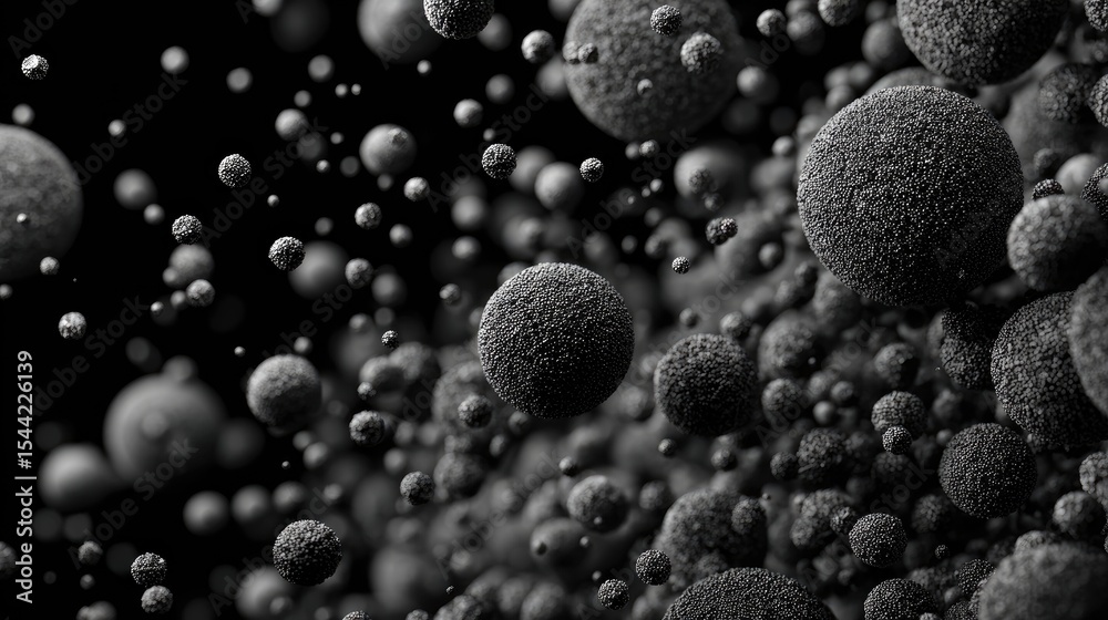 Poster close-up of activated carbon granules in 3d space, showing rich textures and sizes on a black backgr